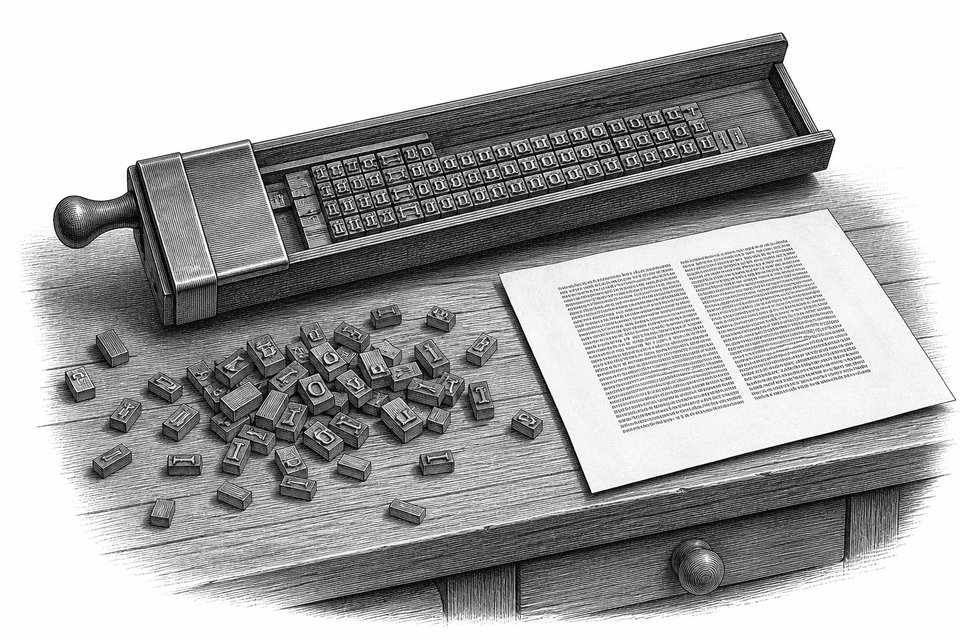 A printer composing stick, loose metal type and a proof sheet on a bench
