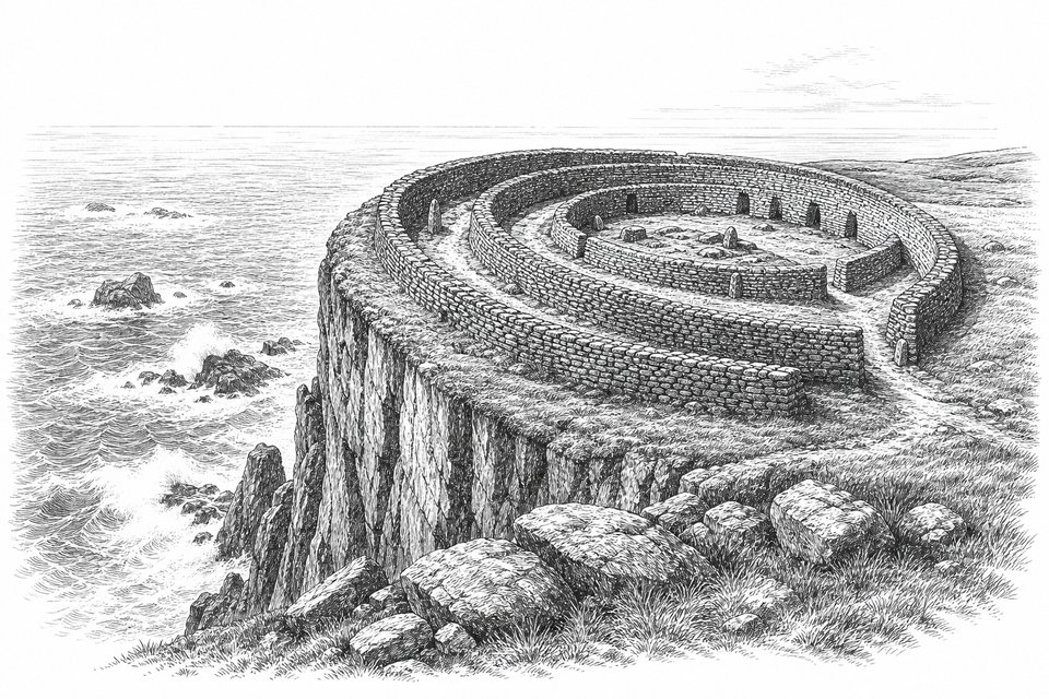 A semicircular prehistoric drystone fort on the edge of a sheer sea cliff with the Atlantic breaking below