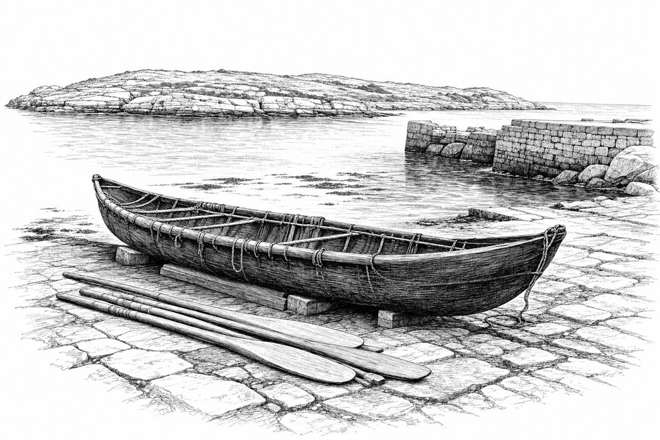 A tarred canvas currach rowing boat drawn up on a stone slipway with oars stacked beside it and a harbour wall behind