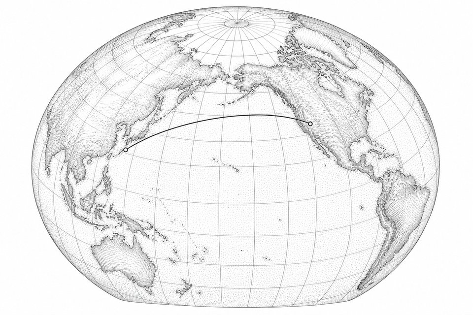 A drafting-board route diagram of a great-circle arc across a globe grid, with two waypoint markers