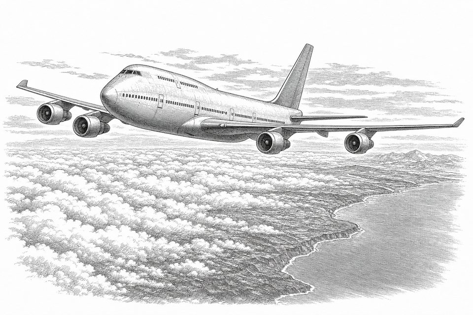 A four-engined wide-body airliner in three-quarter view above a cloud deck, with a distant coastline below