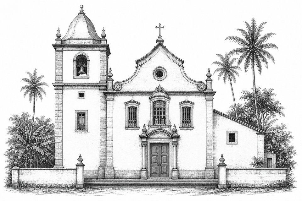A Portuguese colonial church with whitewashed walls and palms, in elevation