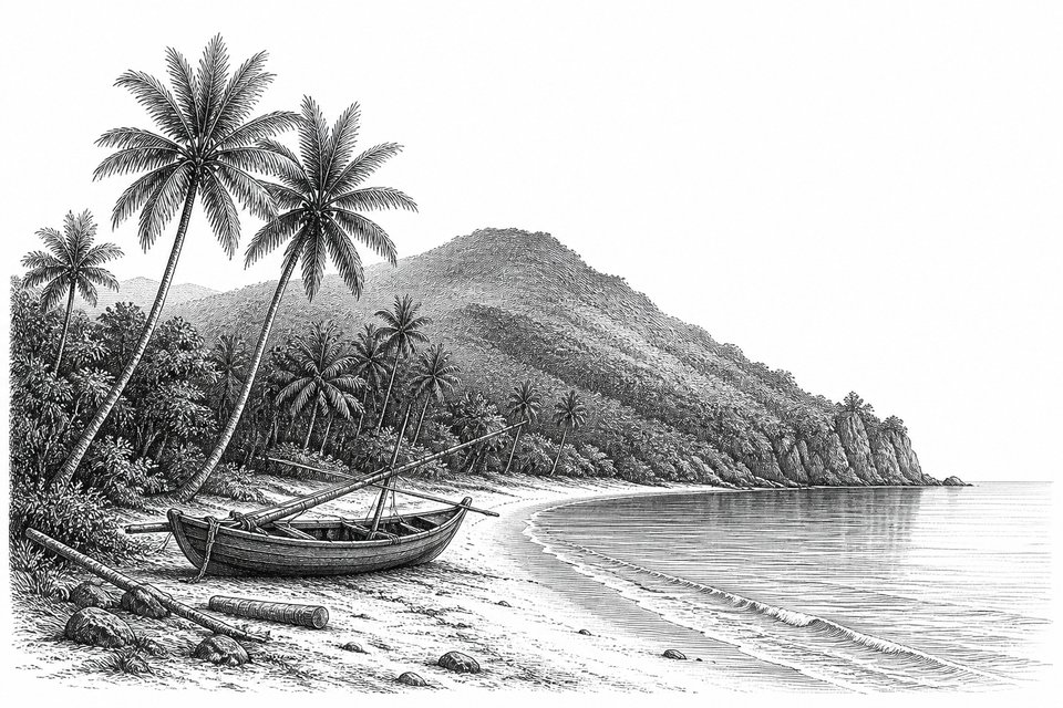 A curving tropical shoreline with palms and a fishing boat drawn up on the sand