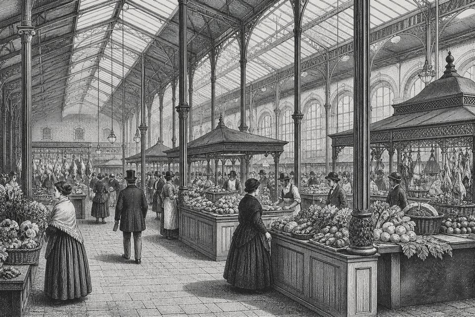 A covered Victorian market hall interior with cast-iron columns and stalls