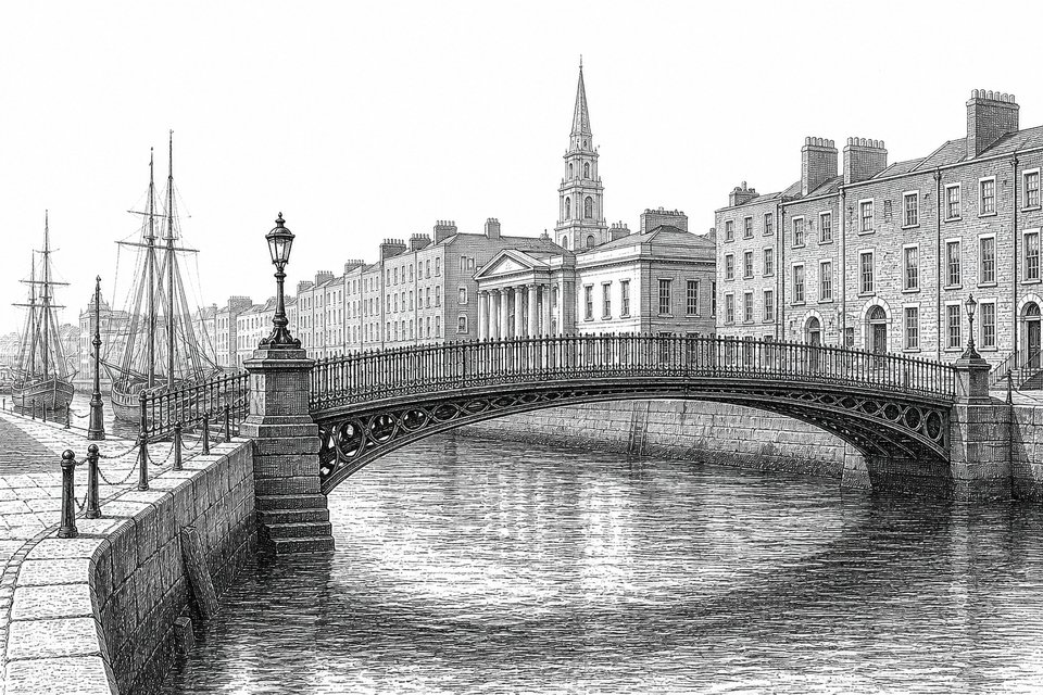 A quayside with a cast-iron footbridge over a river and Georgian buildings