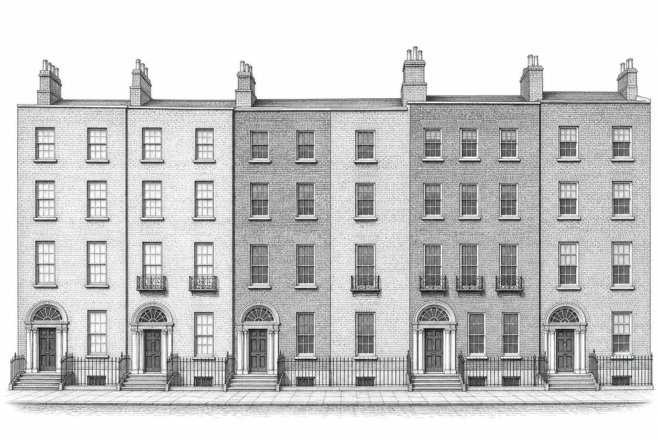 A Georgian Dublin terrace in elevation with fanlight doorways and iron railings