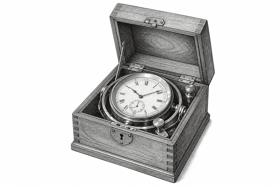 An antique brass ship chronometer in its wooden case