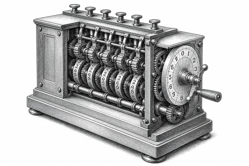 An antique mechanical calculating device with brass gears and a numbered dial