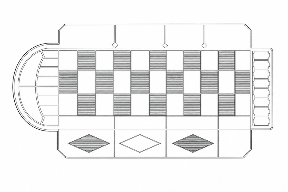 A flat technical diagram of a roulette layout showing the cloth markings only