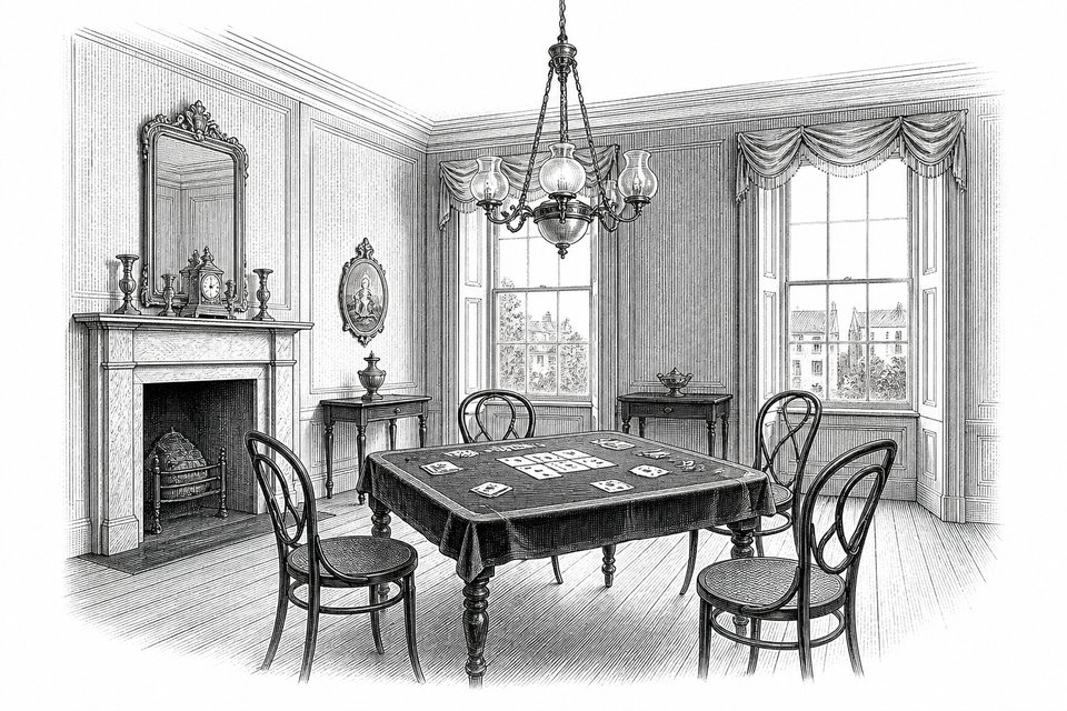 Interior of a small Georgian card room with a baize table, bentwood chairs and tall sash windows