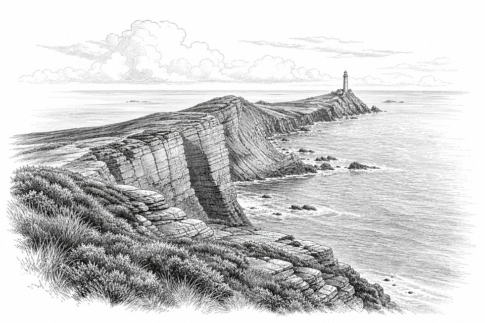 A long rocky headland reaching into the Atlantic with a lighthouse at its tip and layered sedimentary cliffs in the foreground