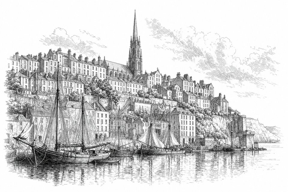 A tiered waterfront of tall terraced houses rising from a deep harbour with a cathedral spire above them and moored sailing craft in the foreground