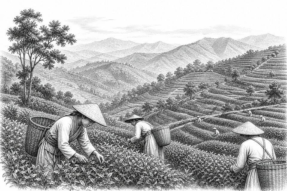A tea plantation on terraced hillsides with pickers baskets in the foreground
