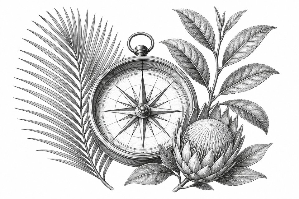 A mariner compass rose surrounded by tropical plant specimens