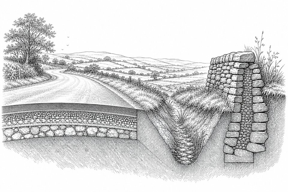 A cutaway engineering elevation of a rural road showing camber, verge, drainage ditch and a section through a dry stone wall
