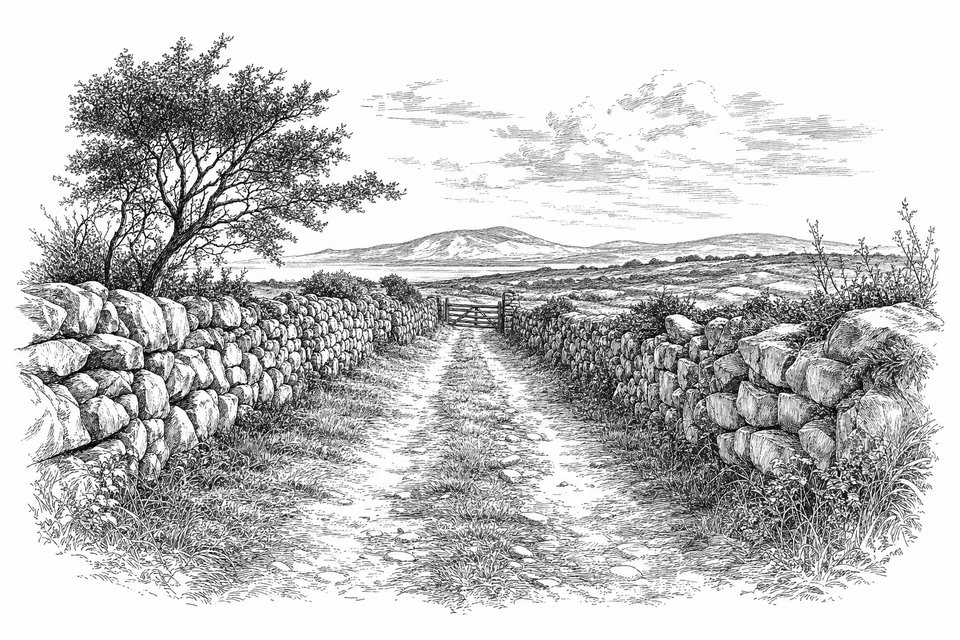 A single-track country lane in the west of Ireland between dry stone walls, with a gate and hills beyond