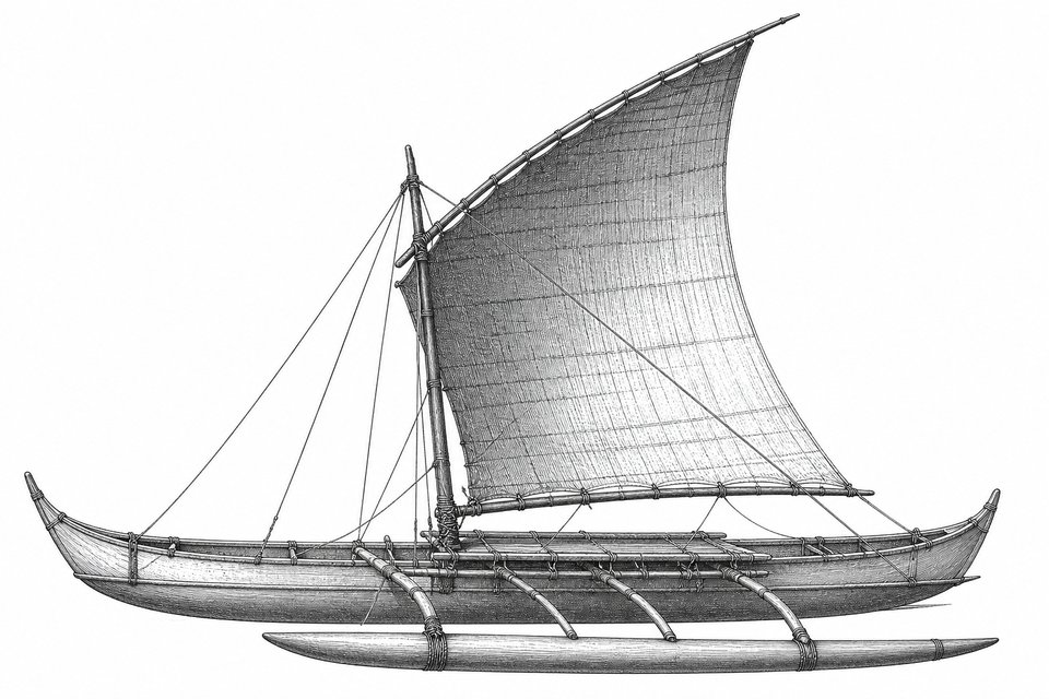 A traditional Fijian outrigger sailing canoe under sail, with rigging detail