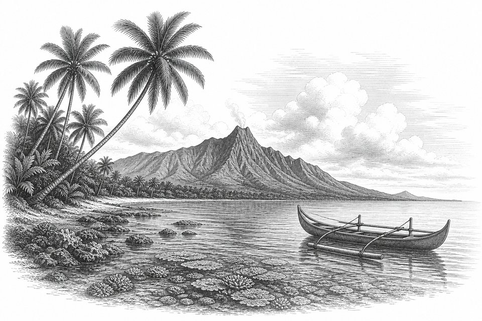A Pacific island with a volcanic ridge, coconut palms and an outrigger canoe at the reef edge