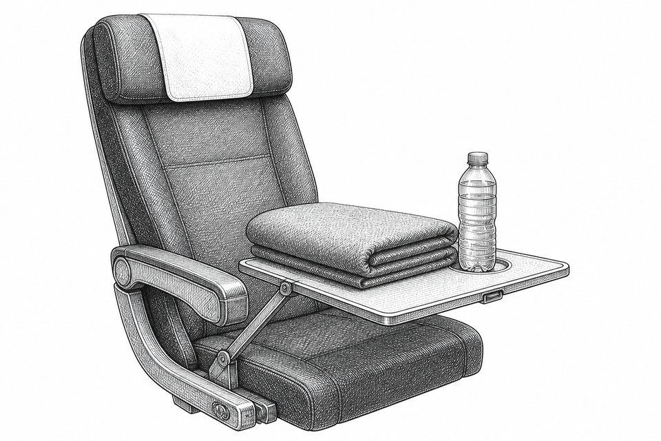 A study of a passenger seat with the tray table down, a folded blanket and a water bottle