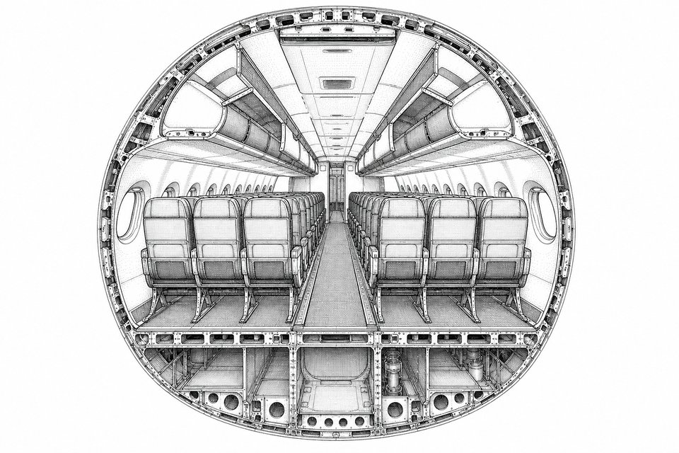 Technical cross-section of an airliner cabin showing seat rows and luggage bins