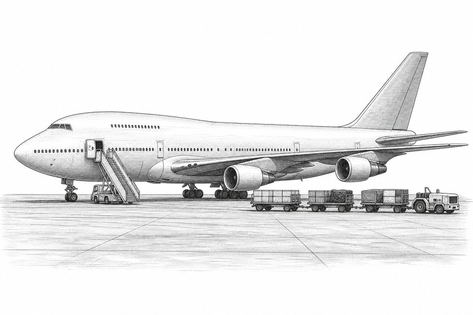 An airport apron with a wide-body airliner, boarding stairs and a baggage train