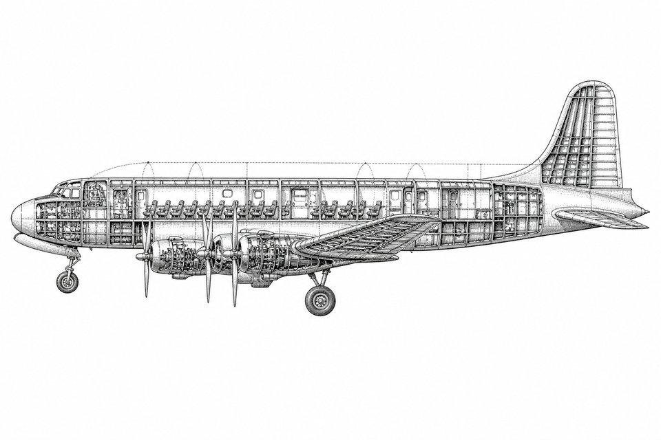 Cutaway technical drawing of a four-engine propeller airliner in side elevation