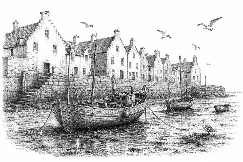 A stone quay at low tide with fishing boats, gable-fronted houses behind and gulls