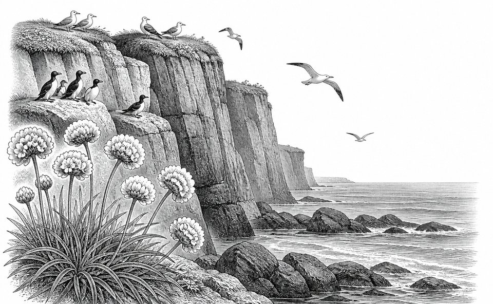 A sea cliff on the Irish Atlantic coast with nesting seabirds and sea thrift in the foreground