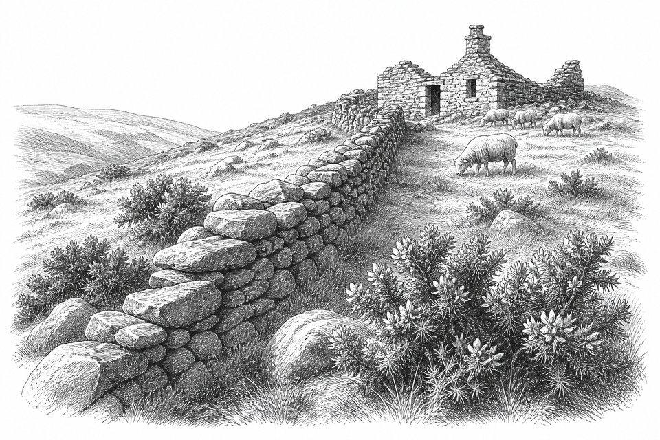 A dry-stone wall running over a hillside toward a ruined cottage, with sheep and gorse