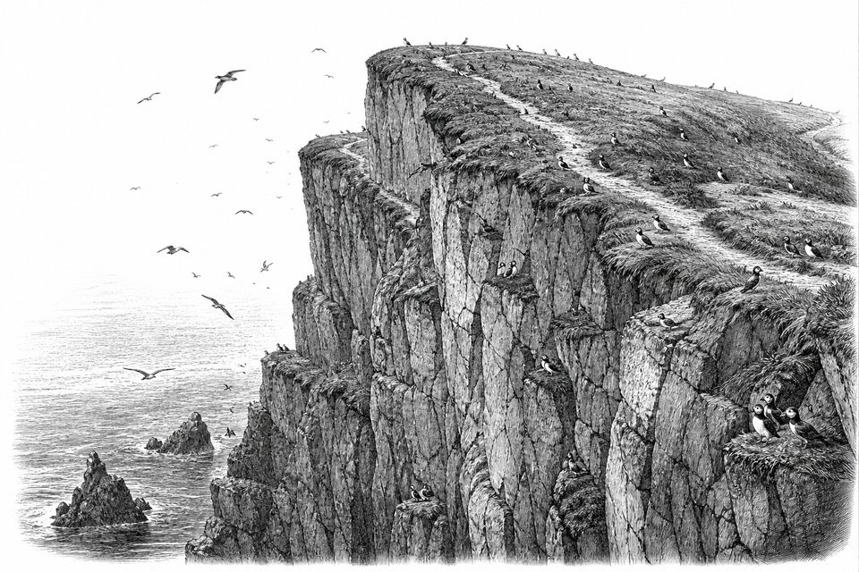 A high sea cliff with a seabird colony and a narrow footpath along the top edge