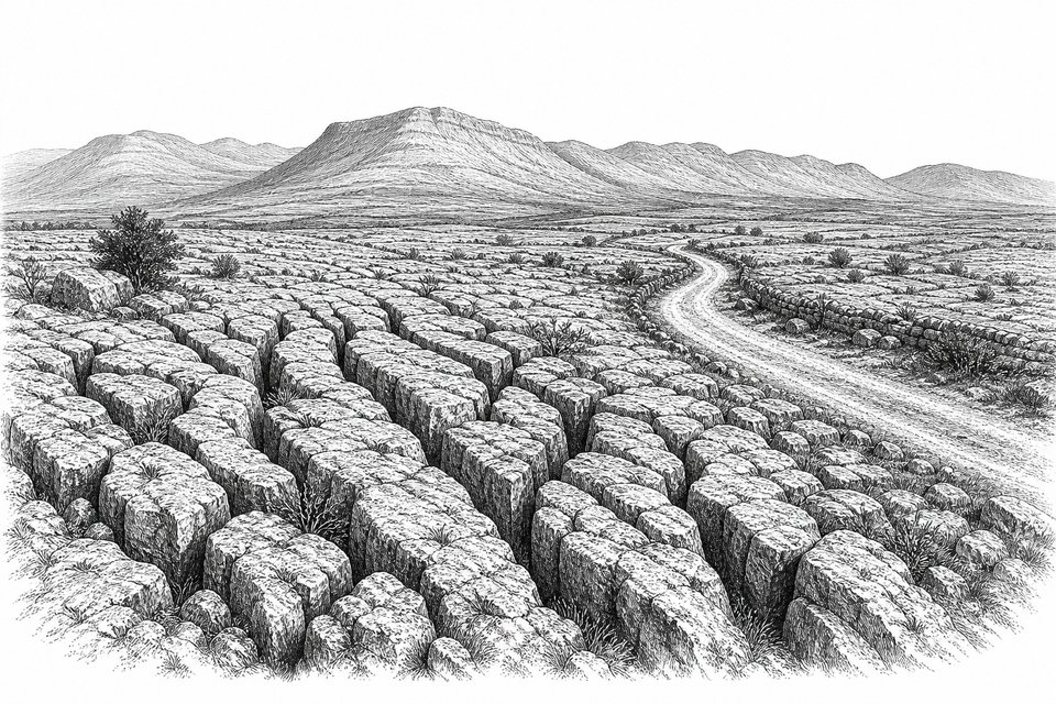 Limestone karst pavement with deep fissures and a single-track road running toward low mountains