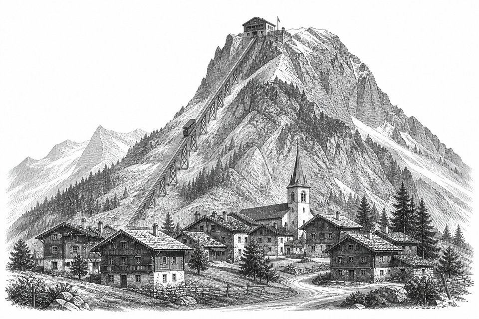 An alpine village of chalets under a steep mountain face with a funicular line