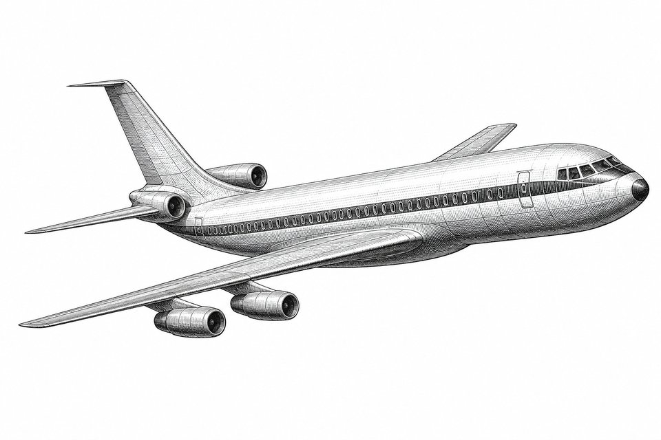 An early swept-wing commercial jet airliner in flight, three-quarter view