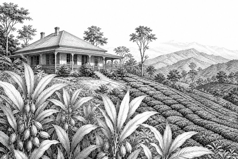 A hillside tea estate with a colonial bungalow and cardamom plants