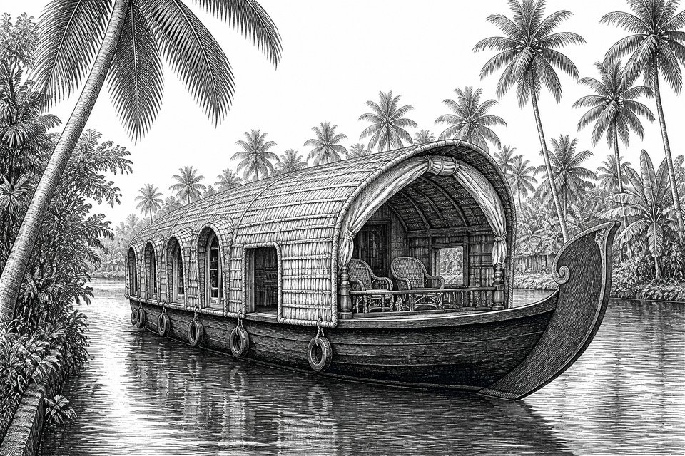A Kerala houseboat with a woven palm canopy on a narrow backwater canal