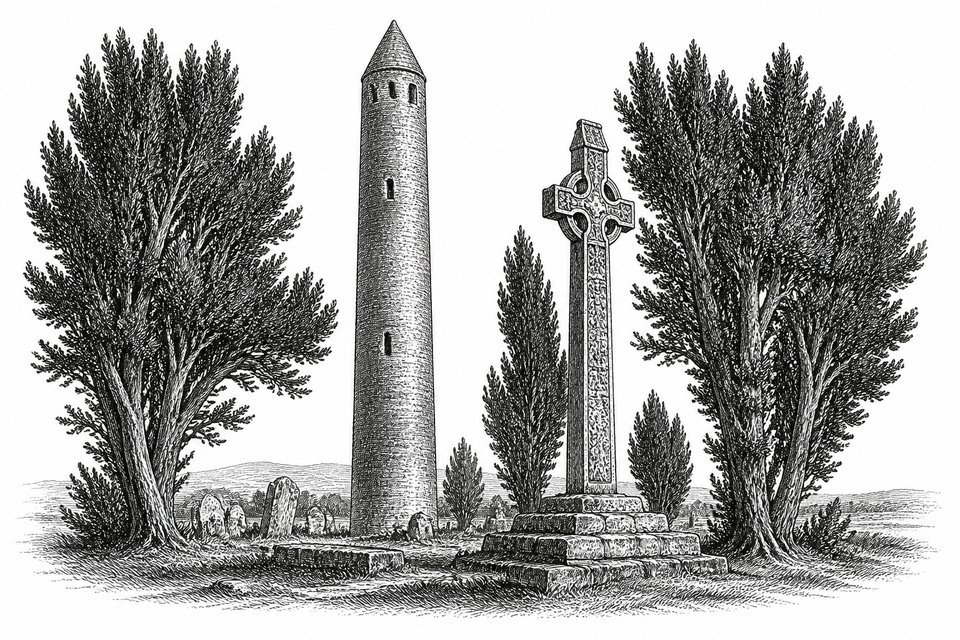 A monastic round tower and a high stone cross among yew trees