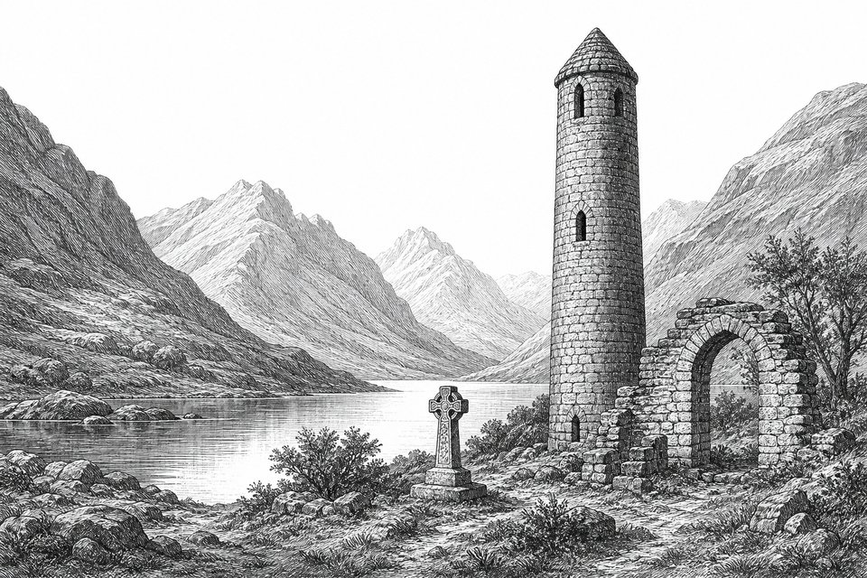A round stone tower beside a lake in a glacial valley with a stone cross and a ruined arch